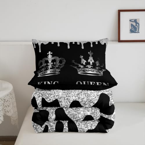 Image of Feelyou Couple Twin Silver Crown King & Queen Bedding Set Boys Girls Mr & Mrs Comforter Set Glitter Print Comforter Adults Anniversary Duvet Set 2Pcs