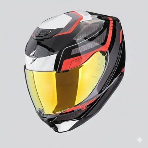 Scorpion Exo-391 Leo Negro Blanco Rojo | Casco de Moto Integral Unisex Hombre y Mujer Homologado ECE 22.06 (M) + Visera Oro