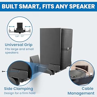 Mount-It! Bookshelf Speaker Wall Mount, Pair of Universal Side Clamping Speaker Shelf Wall Mounting Brackets for Large or Small Speakers, 2 Full Motion Mounts, 55 Lbs Capacity, Black (MI-SB37)