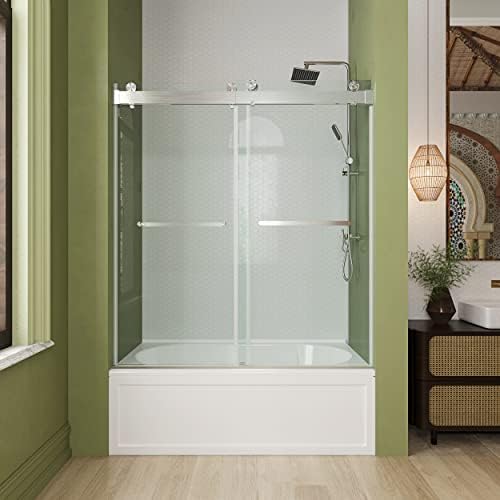 YINVANI Frameless Bathtub Shower Door, 56"-60 "W x 66 "H，3/8"(10mm) Clear Tempered Glass, Double Sliding Bathroom Shower Door with Soft Close System, Brushed Nickel Finish DS13