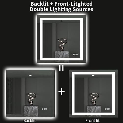LOAAO 40"X38" LED Bathroom Mirror with Lights, Anti-Fog, Dimmable, Backlit + Front Lit, Lighted Bathroom Vanity Mirror for Wall, Memory Function, Tempered Glass, ETL Listed