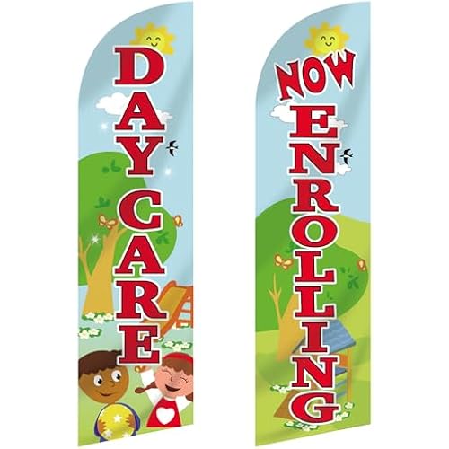 Mindsoft 2 Pcs Now Enrolling Day Care Feather Flag 3 ft x 10.67 ft Heavy Duty Swooper Flag Weatherproof Polyester Now Open Banner Marketing Sign for School Child Care Business Advertising(No Flagpole)