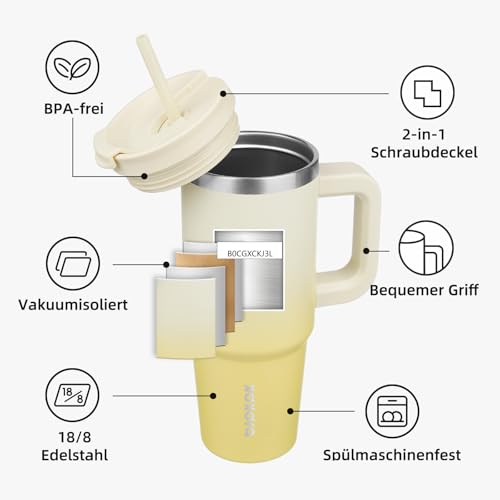 BJPKPK 900 ml Isolierter Edelstahl-Becher mit Griff Deckel und Strohhalm – Ansicht 4