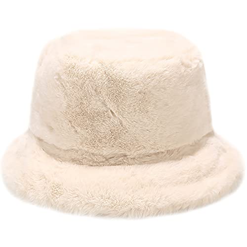 Malaxlx Damen Beige Plüsch Fischerhut Wintermütze Flauschige Bucket Hat Warme Anglerhut