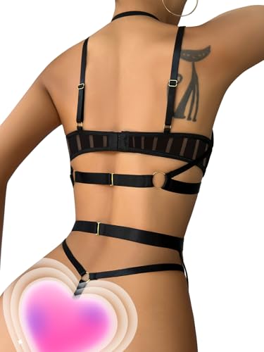 Image of Lilosy Sexy Pu Leather Strappy Underwire Garter Belt Lingerie Set