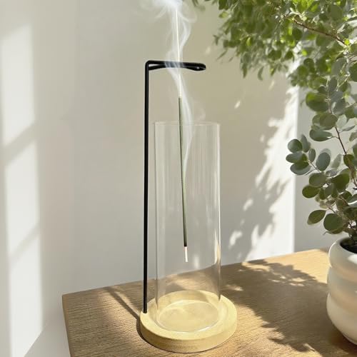 お香立て 吊り下げ式 香炉 線香立て ガラス製|灰がこぼれない シンプル&おしゃれ インテリア飾り 楠竹台座 可愛いデザイン 竹芯線香20g付き