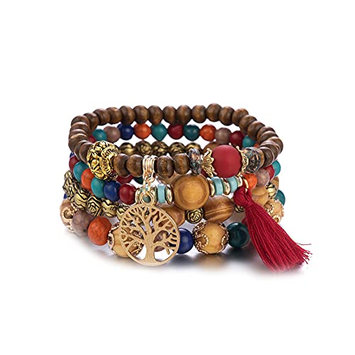1 unid mujeres braclets multi-capa colorido cuentas pulsera bohemia madera perlas árbol de la vida borla accesorios Cover