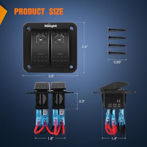 Image of Nilight 2 Gang Rocker Switch Panel w /Purple LED Light 5Pin On Off Pre-Wired | Aluminum Toggle Switches Waterproof for 12V /24V Cars Marine Boats ATVs Trailers RV Trucks