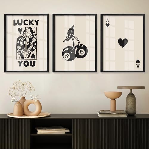Heiple Framed Set of 3 Poker Wall Art Lucky You Poster, Trendy Re...