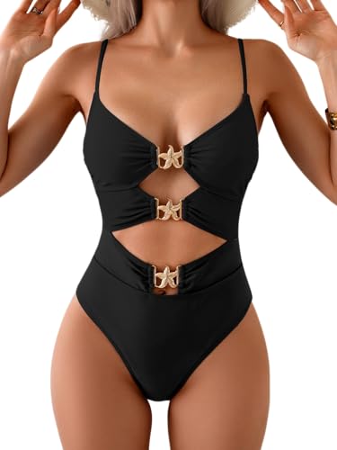 Eomenie Costume da Bagno Intero da Donna, Monokini con Anello collegato, Costume da Bagno Sexy con Ritaglio, Metallo Nero e Dorato, S