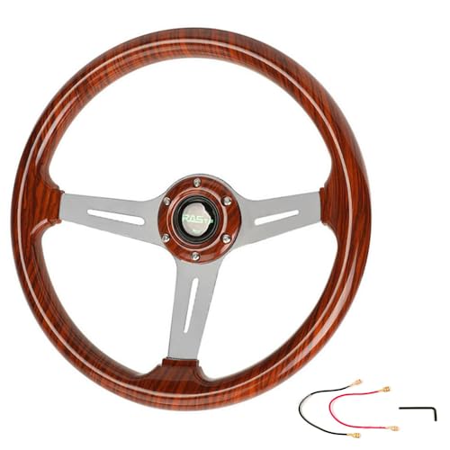 RASTP 345mm 13.5" Wood Grain Steering Wheel, Classic Nostalgia Style Racing/Golf Cart Steering Wheel with Horn Button