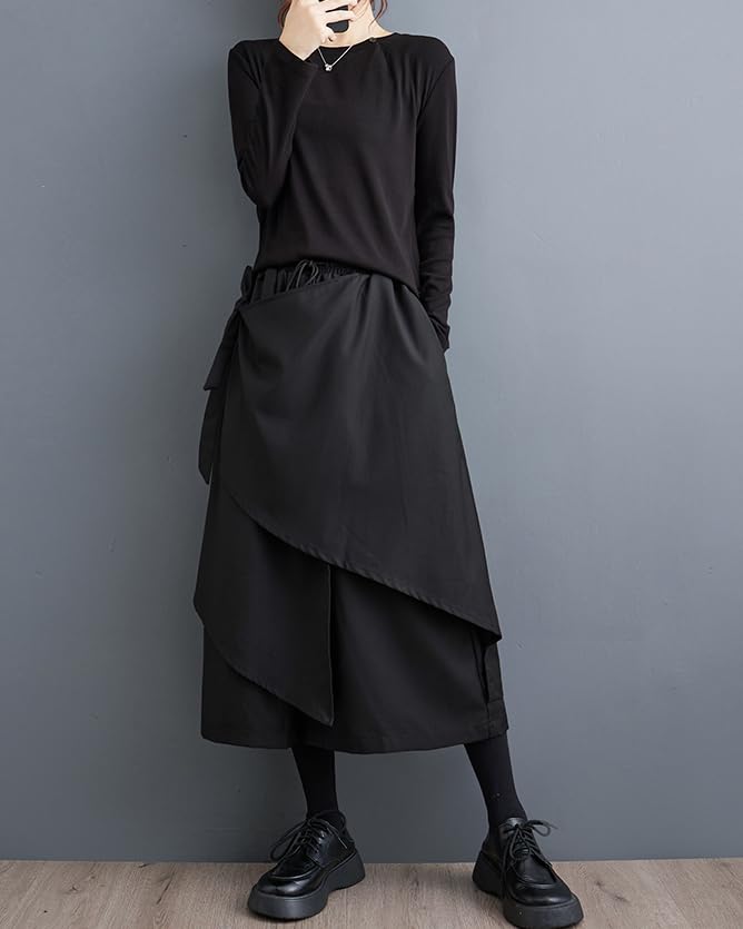 ellazhu Women's Cropped Pants Loose Elastic Wide Leg High Waist Sweatpants Side Pockets GZ636 A3