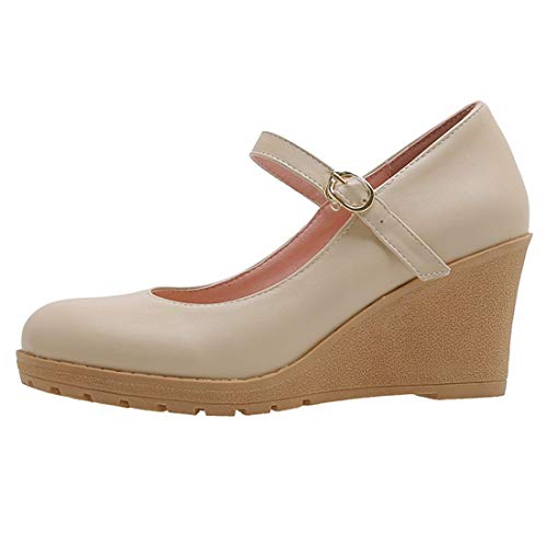 AIMODOR Womens Platform Mary Jane Wedge Heel Ankle Strap Pumps2