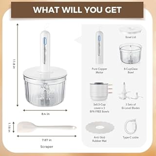 TTFTTF Glass Food Processor with 4 Blades & 4 Bowls (8 Cup + 3x0.5 Cup), Small Food Processor& Meat Grinder - Compact Design for Meal Prep, Baby Food, Sauces - Dishwasher Safe