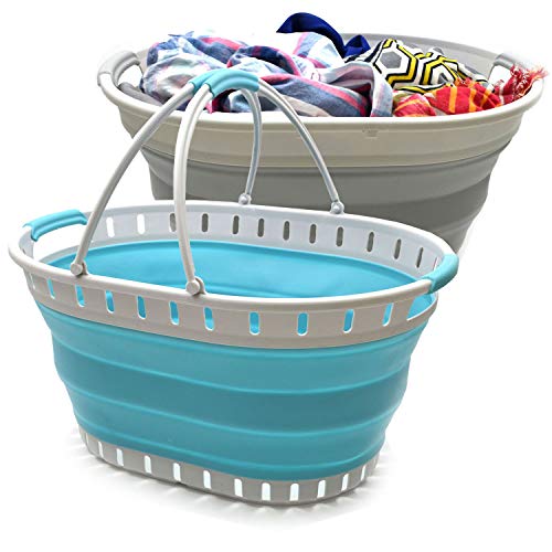 SAMMART Wäscheset aus Kunststoff, faltbar, faltbar, Pop-Up-Aufbewahrungsbehälter/Organizer  tragbarer Einkaufskorb  platzsparender Korb Grey + Bright Blue
