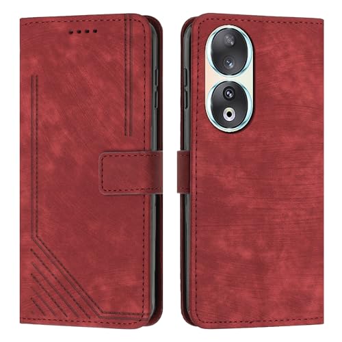 Étui portefeuille avec dragonne pour Huawei Honor 90 housse à clapet rouge