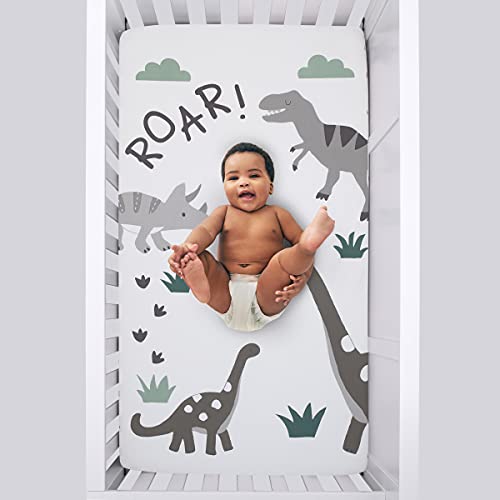 Image of NoJo Baby-Saurus Photo Op Roar White, Gray, and Green Dinosaur with Clouds Nursery Fitted Crib Sheet