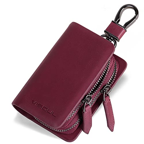Image of VISOUL Car Key Case Holder Double Zipper, Leather Car Smart Key Fob Case with Keychain for Men and Women