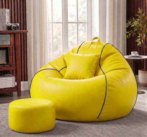 Image of Sattva Piping 4XL Sofa Style Bean Bag Chair with Beans Filled | Faux Leather Bin Bags Sofa Combo with Footstool & Cushion | Large Beanbags for Adults, Teens & Home - Yellow with Navy Blue Piping