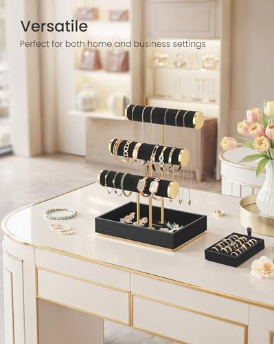 SONGMICS Bracelet Holder Stand, Jewelry Display Stand, Jewelry Organizer, with 3 Tiers and Velvet Tray, Removable Ring Holder, Ink Black UJJS027B01