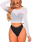 ADOME Sheer Tops for Women Mesh Crop Top Mesh Long Sleeve Shirt Blouse White M