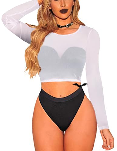 ADOME Sheer Tops for Women Mesh Crop Top Mesh Long Sleeve Shirt Blouse White M