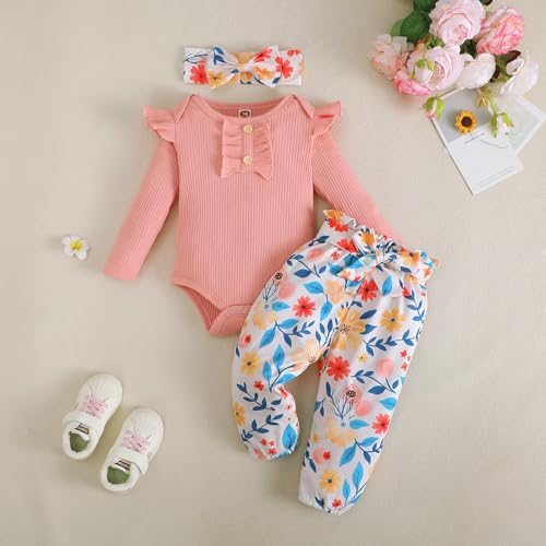 Image of Newborn Baby Girls Clothes Ribbed Ruffled Romper+Floral Pants+Headband Infant Outfit Set