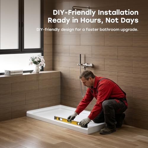 Image of HOROW 60 inch x 32 inch Shower Base, Right Drain Shower Pan, Low Profile Acrylic Base with Reinforced Fiberglass, Non-Slip Surface, Stainless Steel Drain Cover, Leak-Resistant for Bathroom