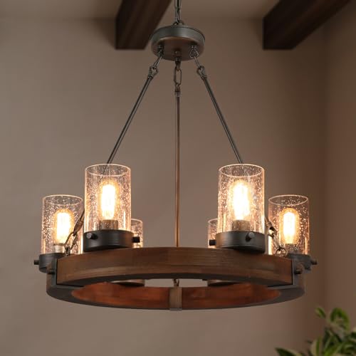 LALUZ Farmhouse Chandelier, Wood Wagon Wheel 6-Light Chandelier with Seeded Glass Shade for Dining Room, Living Room, Bedroom, and Foyer