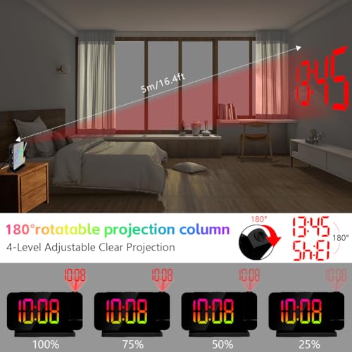 Adiwo Projection Alarm Clock, Digital Alarm Clock, LED Clock with 180° Rotating Projector, 7.4 Inch LED Mirror Clock - Image 3