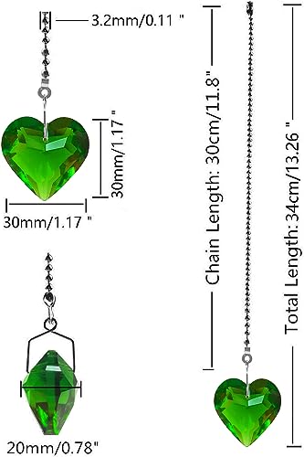 Image of 2Pcs Crystal Ceiling Fan Pull Chain Extender with Connector, 12 inch | K9 Crystal Glass, Not Acrylic, Heart Prism, Cut-To-Length Adjustable, Snap-On Connector For Fan, Light, Lamp (Green)