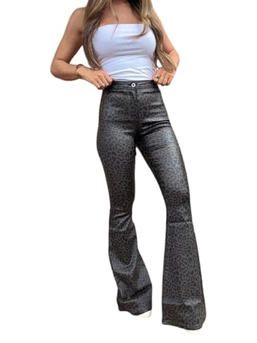 Willow Boutique Fiona Leather Leopard High Waisted Bell Bottom Flare Jeans - Black Midnight Leopard (US, Alpha, Medium, Regular, Regular, Black)