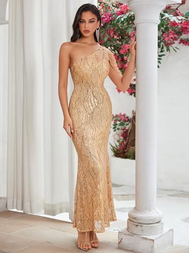 Image of Women One Shoulder 1920s Plus Size Formal Dress Tassels Sleeve Sequins Gatsby Maxi Evening Gown