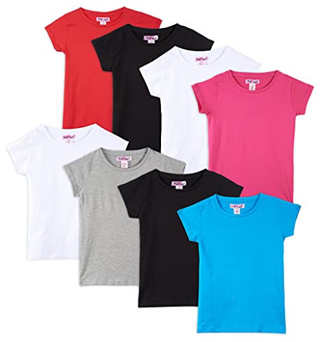 Pink Angel Girls' 8-Pack Cotton T-Shirts – Crew Neck Short Sleeve Tees, Solid Color Multipack, Sizes 4–16