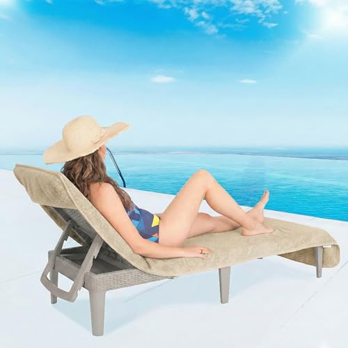 American Soft Linen Chaise Lounge Covers with Pocket, 86"x32" Oversized Beach Pool Lounge Chair Towel, Beige