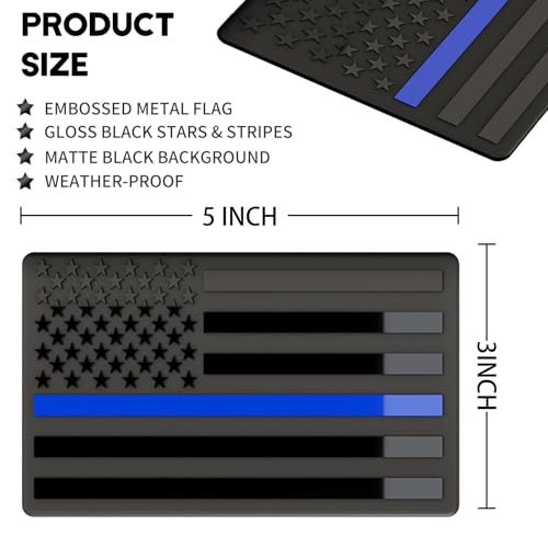 Image of 10 Pairs Embossed 3D Metal Thin Blue Line All Black American Flag Emblem Decal Stickers, Matte Black 5 inch x 3 inch Patriotic USA US Flag Decals for Car, Truck, Motorcycle Honoring Police Law Enforcement