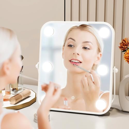 Image of Hollywood Vanity Mirror with Lights, Personal Makeup Mirrors with 6pc LED Bulbs, Cosmetic Mirrors for 3 Color Lighting,Touch Control (White)