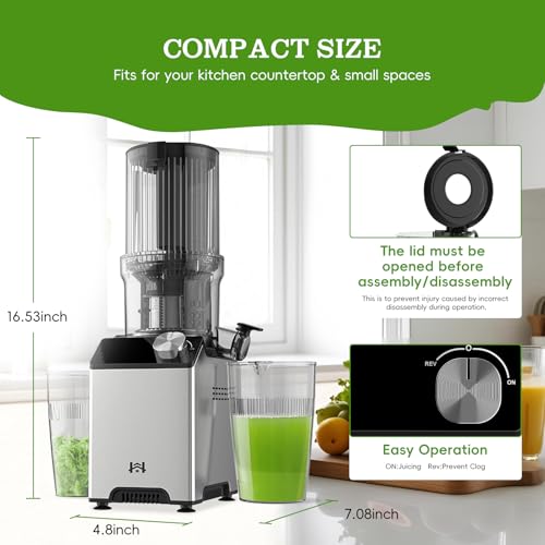 Cold Press Juicer, Juicer Machines with 4.35'' Wide Feed Chute, Stainless Steel Masticating Juicers Easy to Clean, Ergonomic Operational Panel Design, High Juice Yield, Platinum Color Knob - Image 6