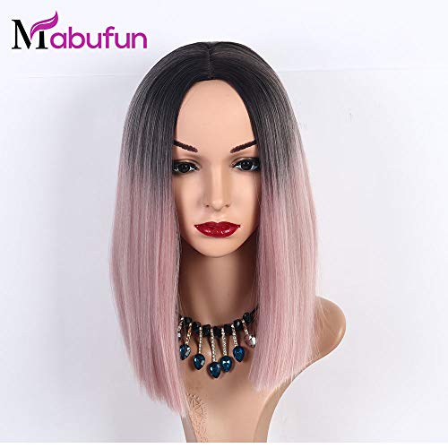 Mabufun Ombre Pink Bob Wig, 14" Short Hair Wigs Middle Part Natural Straight Synthetic Full Wig for Women Girls Custume Daily Wear (Pink)