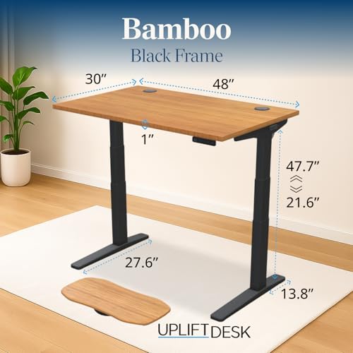 Image of UPLIFTDESK Bamboo (48 x 30 inch) Standing Desk 2-Leg V3 Adjustable Stand Up C-Frame (Black), Advanced Keypad, Wire Grommets, Wire Tray, Rocker Board