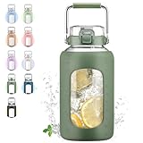 WINSA 84oz Glass Water Bottle with Stainless Steel Handle,2.5L Gallon Water Bottle with 2-IN-1 Straw Lid, Silicone Sleeve and Motivational Capacity Marker, Wide Mouth Water Jug For Gym, Workout, Olive