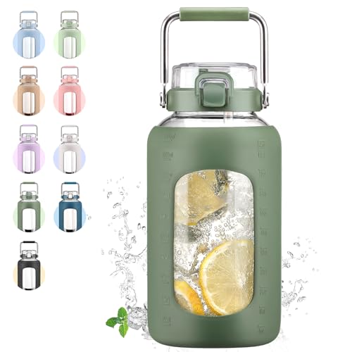 WINSA 84oz Glass Water Bottle with Stainless Steel Handle 2.5L Gallon Water Bottle with 2-IN-1 Straw Lid Silicone Sleeve and Motivational Capacity Marker Wide Mouth Water Jug For Gym Workout Olive