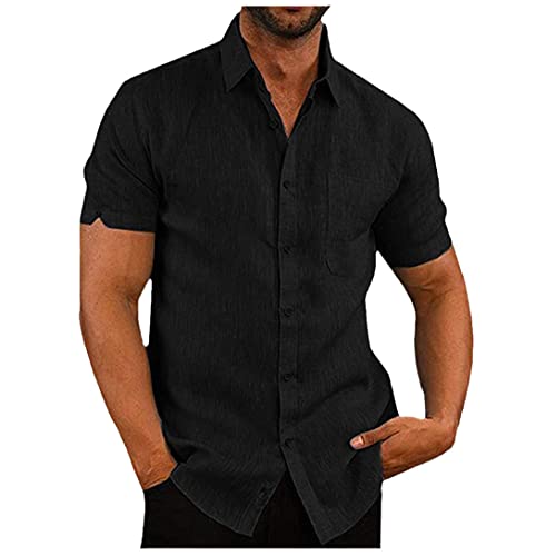 Chemisier en lin respirant homme manches courtes anti-chaleur boutonné noir 3XL