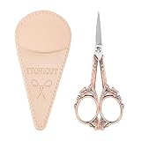 Vintage Stainless Steel Scissors - Small Sewing & Crochet Scissors for Needlework Craft & Art Work - Manual Handicraft DIY Tool with PU Leather Sheath (Copper)