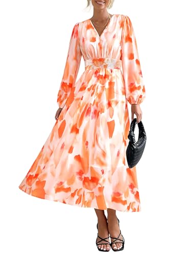 PRETTYGARDEN Women's Floral Midi Dress Casual Fall V Neck Long Sleeve Flowy Spring Beach Wedding Guest Vacation Dresses