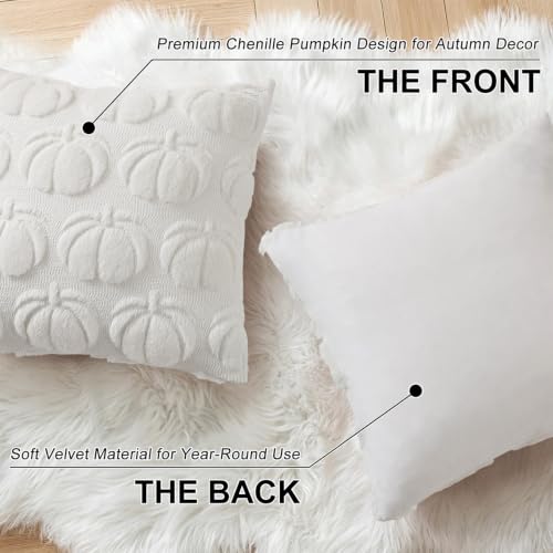 Image of decorUhome Fall Decorative Cream White Pumpkin Throw Pillow Covers 20x20 Set of 2, Soft Faux Fur Plush Farmhouse Accent Pillow Cases for Couch Bed Sofa Autumn Harvest Halloween Holiday Home Decor