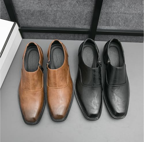 Men's Leather Chunky Heel Dress Loafers with Side Zipper Fashion High Heel Slip On Oxford Shoes Casual Business Office Wedding Formal Shoes4