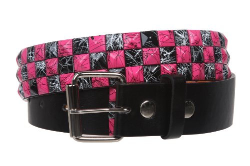 Snap On 1 1/2" Hot Pink & Black Checkerboard Punk Rock Studded Belt, M (32-34" Waist) #TOP1
