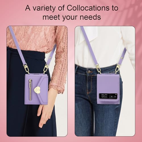 Yqodsz 02316-PURPLE For Motorola Razr 2023 Wallet Case With Crossbody Strap, Motorola Razr 2023 Flip Case Credit Card Holder Heart Shaped Buckle Women Girls Leather Protective Case thumb #1
