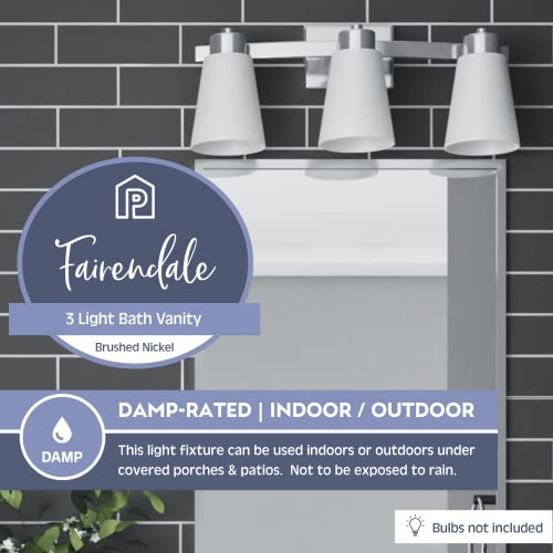 Image of Prominence Home Fairendale 3 Light Brushed Nickel Bathroom Vanity Light with Frosted Glass